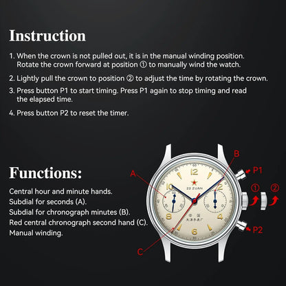 Men's Mechanical Chronograph Pilot Watch, Manual Winding, Aviation Style, International Edition
