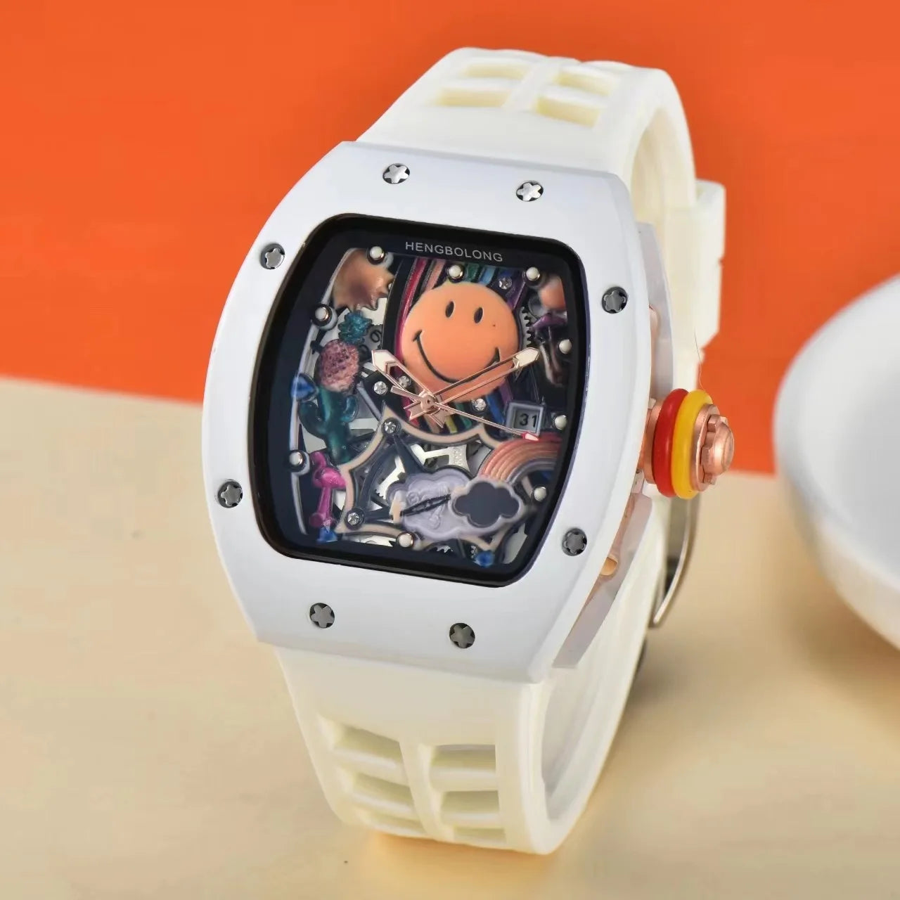 Top-grade RM High-quality Smiling Mechanical Watch Alarm Analog Rubber 10 Bar Water Resistant Hipster Gentleman Diving Sports