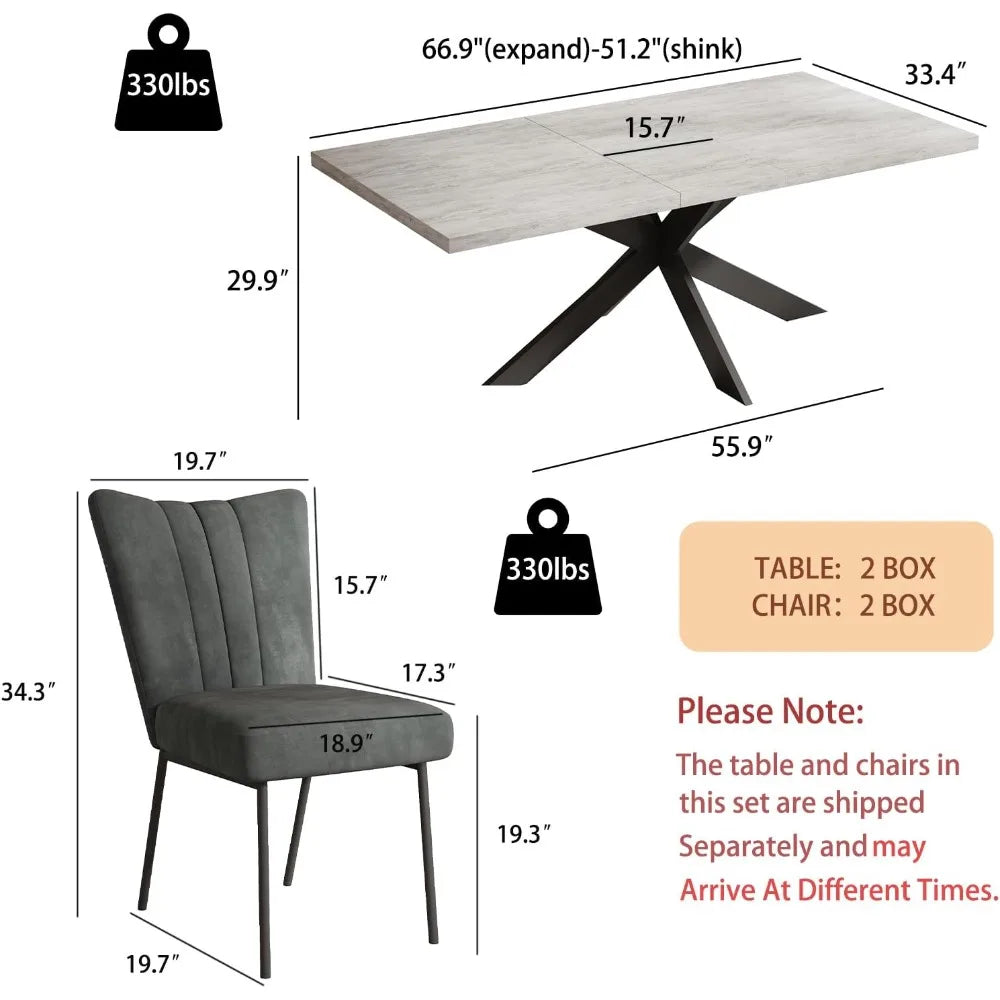 6-Piece Extendable Dining Table Set, Modern 51''–67'' Grey Wood Table with 6 Black Fabric Chairs, Dining Room Table and Chairs