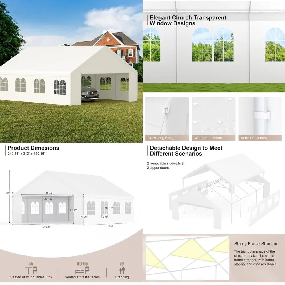 "20ft x 26ft durable carport with roll-up clear panels, reinforced party tent with detachable walls and doors"