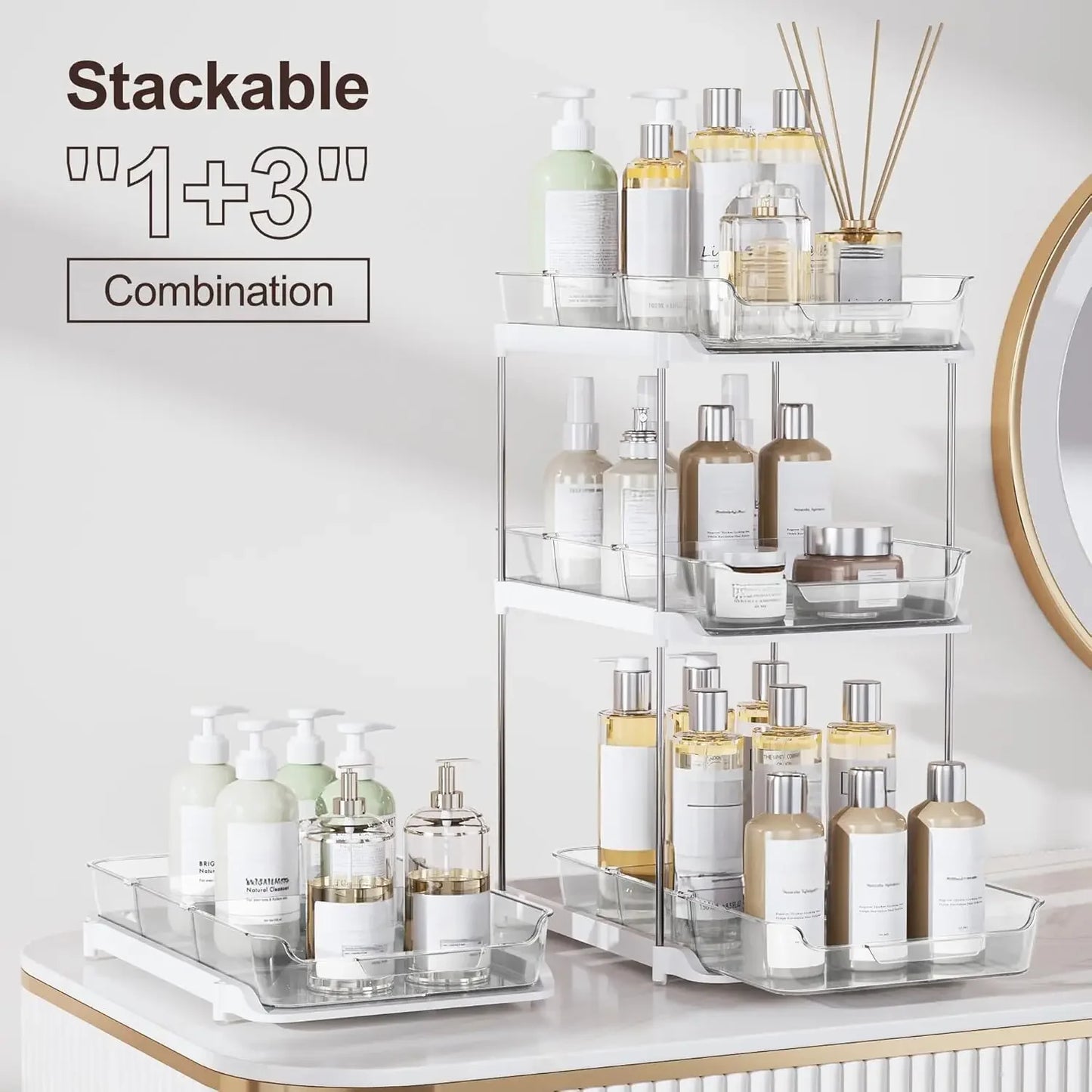 Double Tier Under Sink Organizer White 2-Pack, Pull-Out Rack - For Bathroom & Kitchen Storage