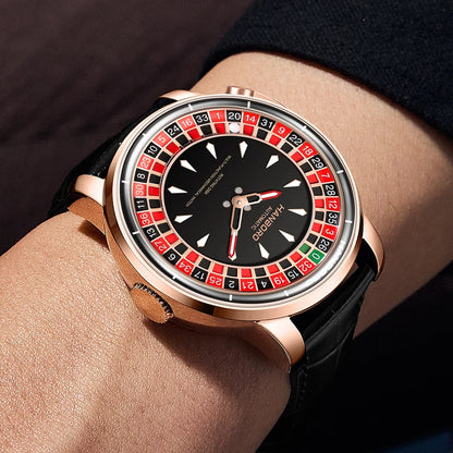 Fully automatic mechanical watch with Casino Roulette Rotating Disk Dialleather stra from local warehouse in the US