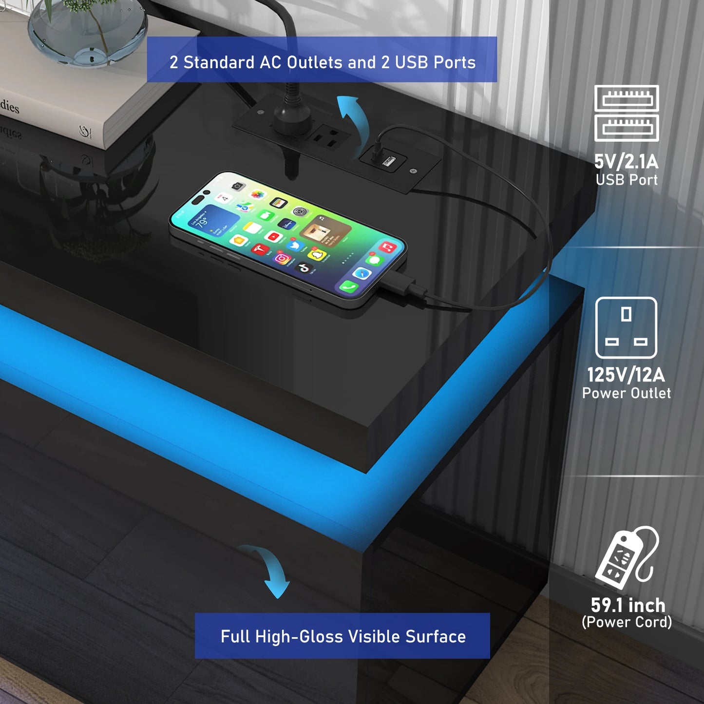 74'' LED TV Stand for Televisions up to 65'' Modern TV Cabinet with Power Outlet, High Gloss Entertainment Center with Storage