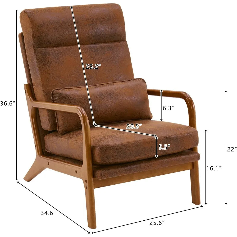 Mid-Century Accent Modern Chair with Pillow High Back Bronzing Cloth Upholstered Lounge Arm Chair with Solid Wood Frame