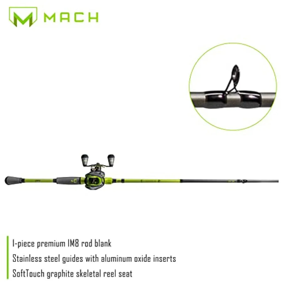 MACH 2 Baitcast Reel and Fishing Rod Combo IM8 Graphite Blank Fishing Rod Winn Dri-Tac Ultra Handle Black Green
