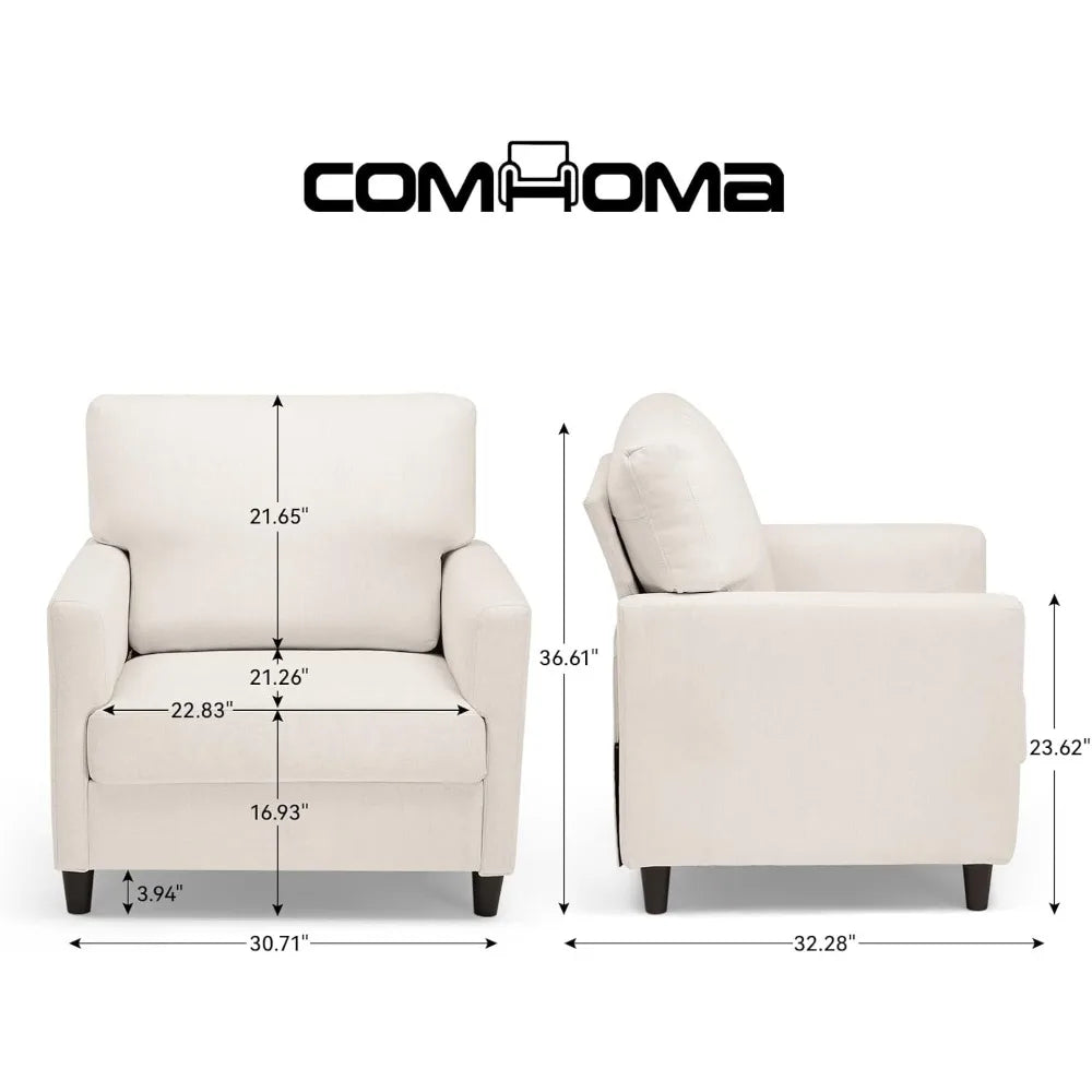 Mid-Century Accent Chair, Modern Upholstered Linen Fabric Chair with Thick Cushion & Solid Legs, Comfy Single Sofa Armchair