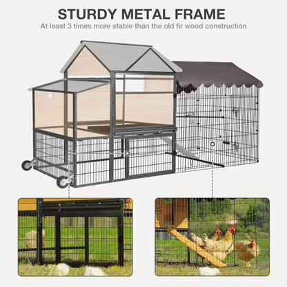 Chicken Coop with Wheels, Spacious 85 Metal Frame Chicken House with Nesting Box and Leakproof Pull on Tray