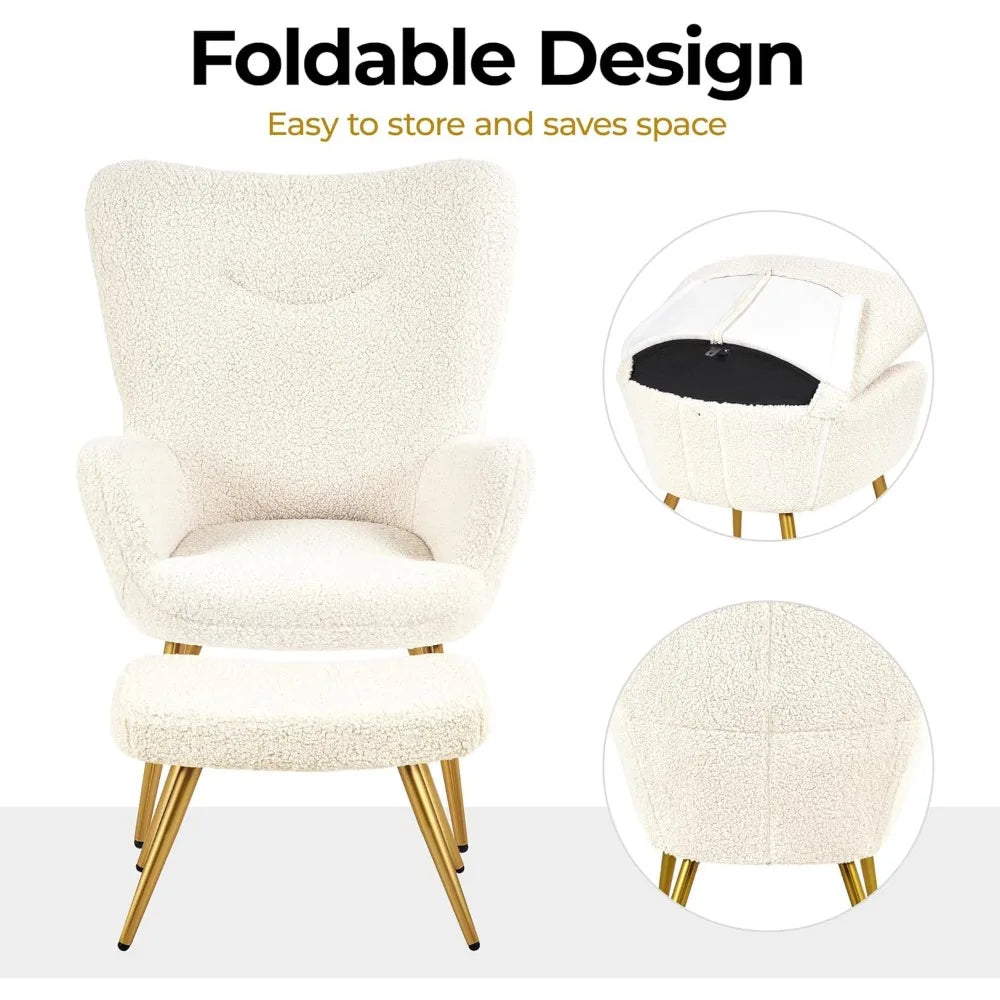 Boucle Accent Chair and Ottoman Set, Sherpa Armchair with Metal Legs, High Back Reading Chair and Footstool