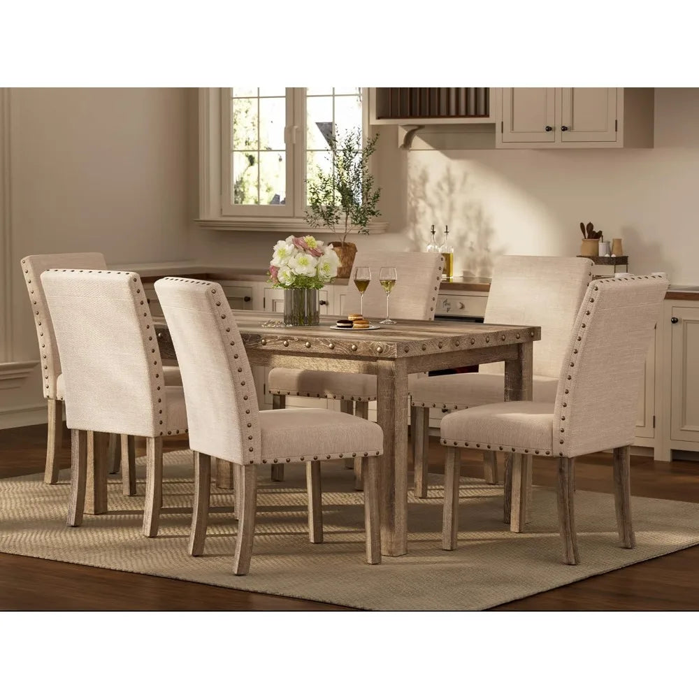 Rustic 6-Seater Dining Set | 60" Rectangular Wood Table & 6 Upholstered Chairs with Nailhead Trim