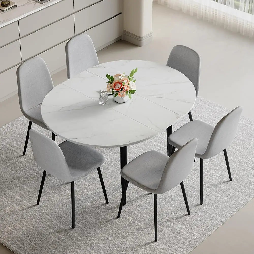 42"-54" Extendable Dining Room Table Set for 6, Round Dining Table Set for 6, White Kitchen Table with Upholstered Chairs