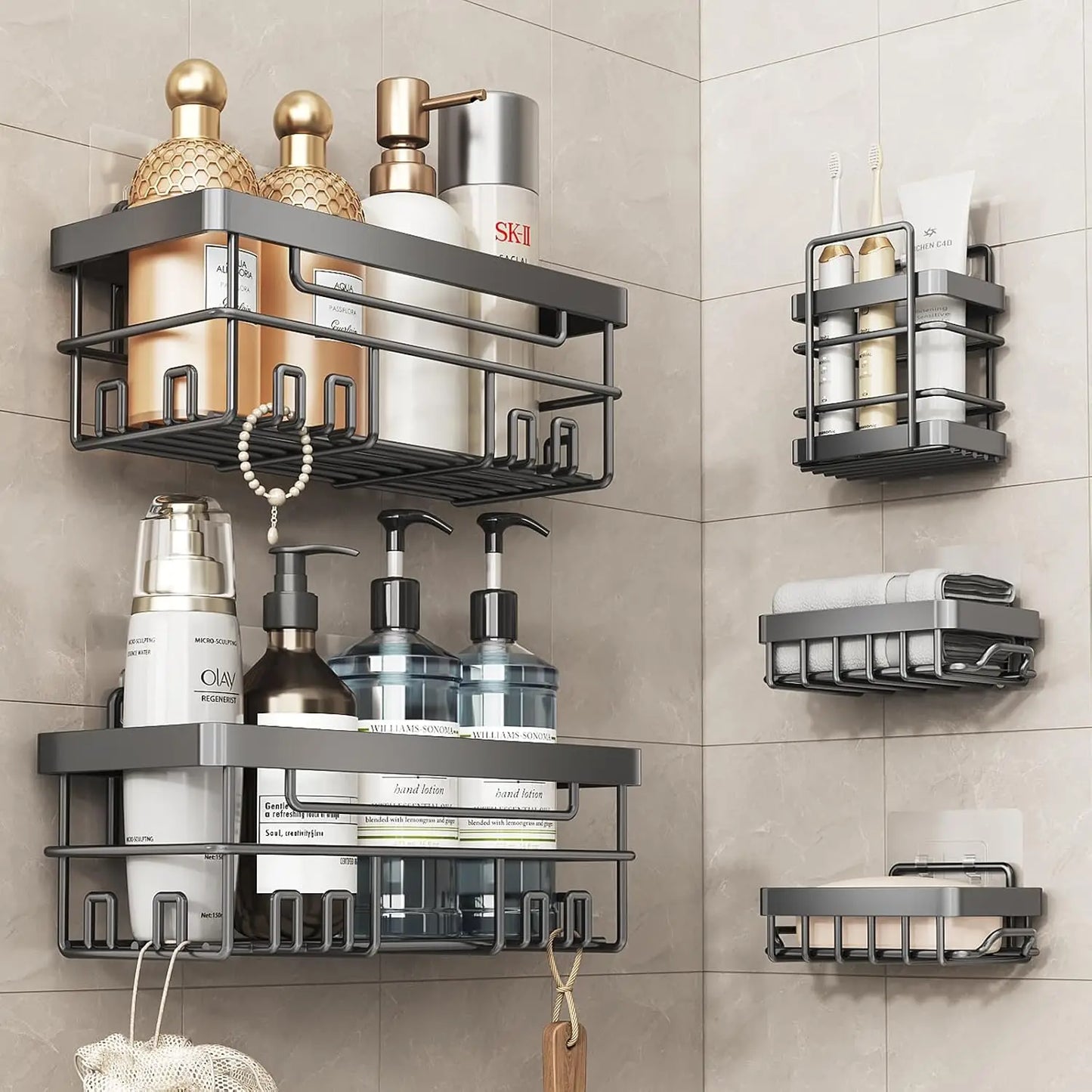 5-Pack Shower Shelves Adhesive Shower Accessories No Drilling Shower Rack Black Storage