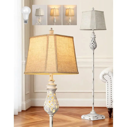 Vintage Floor Lamp with Nightlight, Rustic Tall Standing Lamp, Rotary Switch, Beige Linen Shade, Suitable for Living Room, Bedro