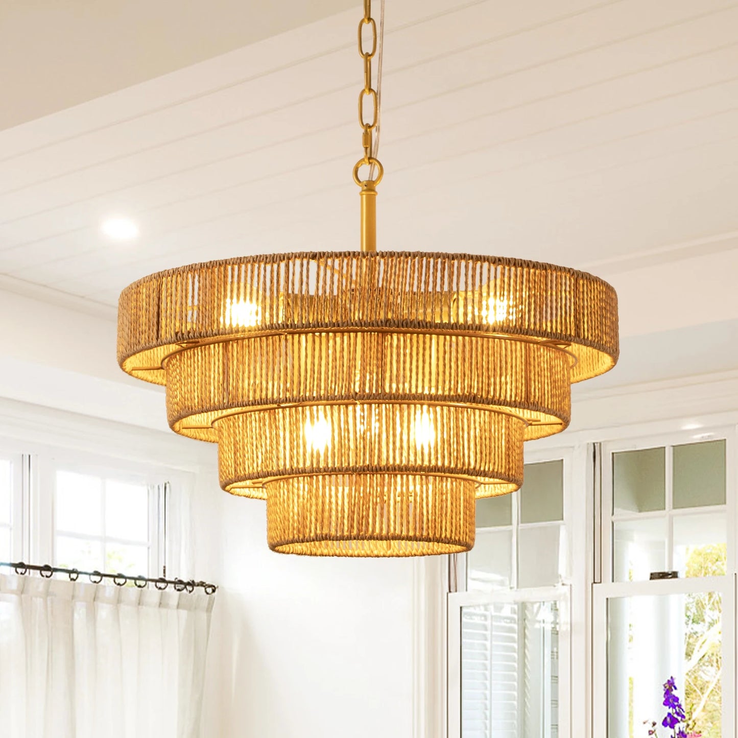 19.7" Boho Hand-Woven Rattan Chandelier Vintage Farmhouse 4 Round Hemp Rope Pendant Light for Dining Room Kitchen Island