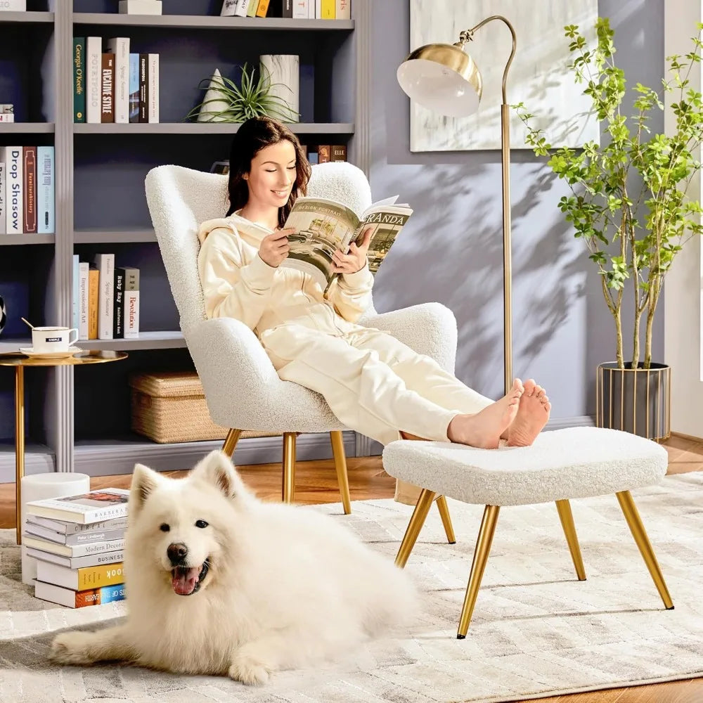 Boucle Accent Chair and Ottoman Set, Sherpa Armchair with Metal Legs, High Back Reading Chair and Footstool