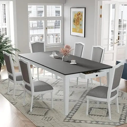 Dining Table Set for 6 Farmhouse Kitchen Table Set with 6 Upholstered Chairs for Kitchen Dining Room, Extendable Dining Table Se