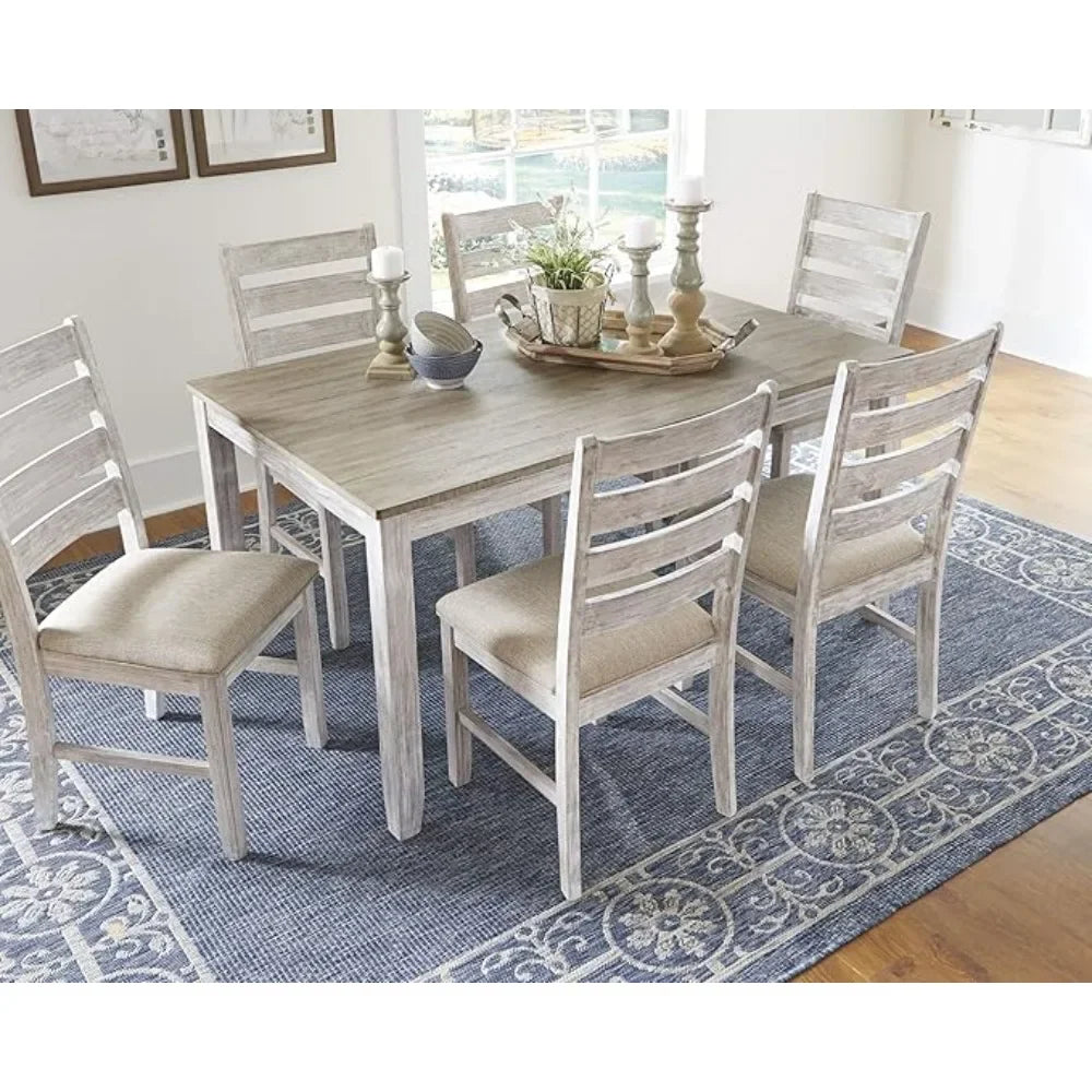 Dining Room Table Set with 6 Upholstered Chairs, Whitewash