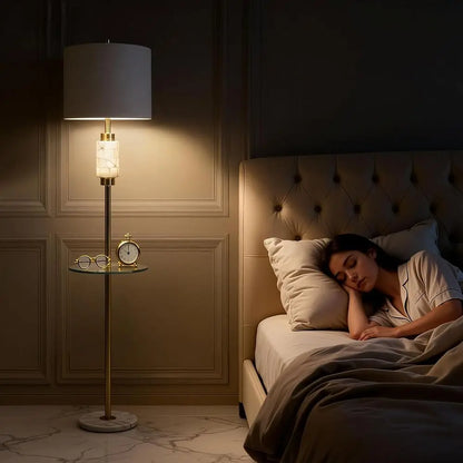 Living Room Lamp with Glass Tray and Night Light, Alabaster Bedroom Lamp, Tall Lamp with Linen Shade, Marble Base Standing Lamp