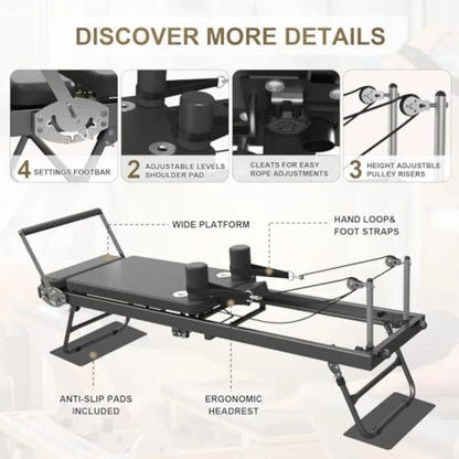 Foldable Pilates Reformer Machine for Gym and Home Workout: Compact Fitness Equipment with Adjustable Resistance and Smooth Gli