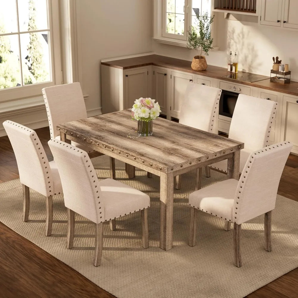 Rustic 6-Seater Dining Set | 60" Rectangular Wood Table & 6 Upholstered Chairs with Nailhead Trim