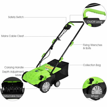 13" Electric Lawn Dethatcher w/ Collection Bag and Removable Blades Multifunctional Grass Trimmer Garden Trimming Machine