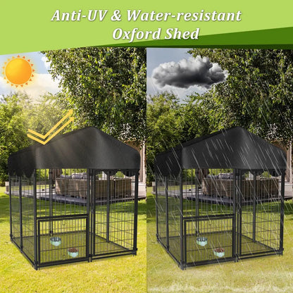 Outdoor Dog Kennel with Roof, 4x4.2x4.5FT Large Enclosure, Adjustable Feeder Door for Yard Playpen