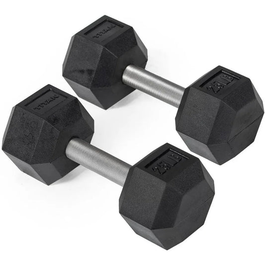 Titan Fitness 25-Pound Black Rubber Hex Dumbbells with Straight Stainless Steel Handles for Strength Training