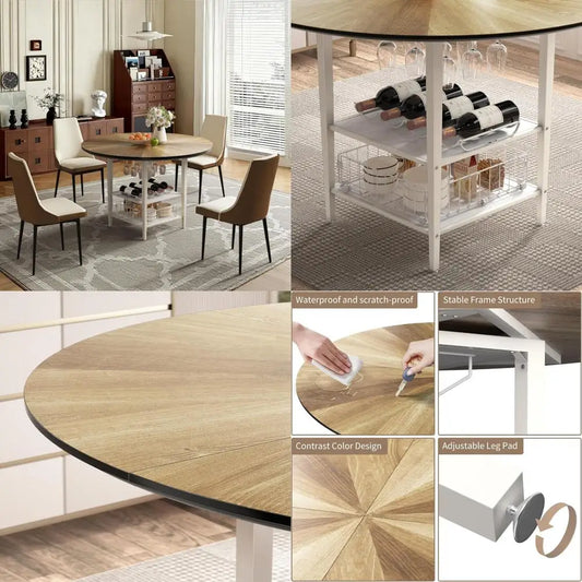 farmhouse-style 47" round dining table set for 4-6 with 4 chairs and storage rack, rustic wood design