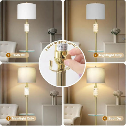Living Room Lamp with Glass Tray and Night Light, Alabaster Bedroom Lamp, Tall Lamp with Linen Shade, Marble Base Standing Lamp