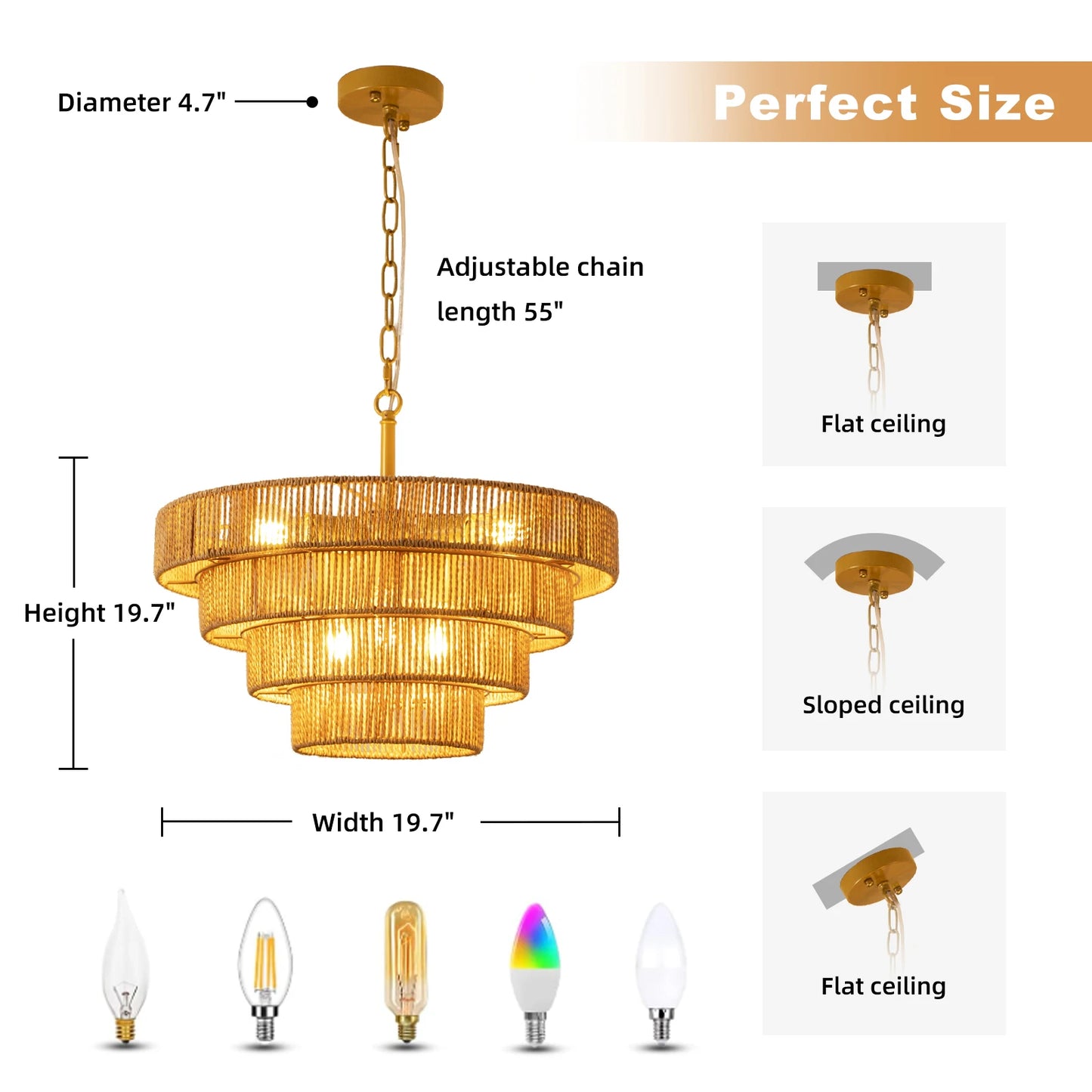 19.7" Boho Hand-Woven Rattan Chandelier Vintage Farmhouse 4 Round Hemp Rope Pendant Light for Dining Room Kitchen Island