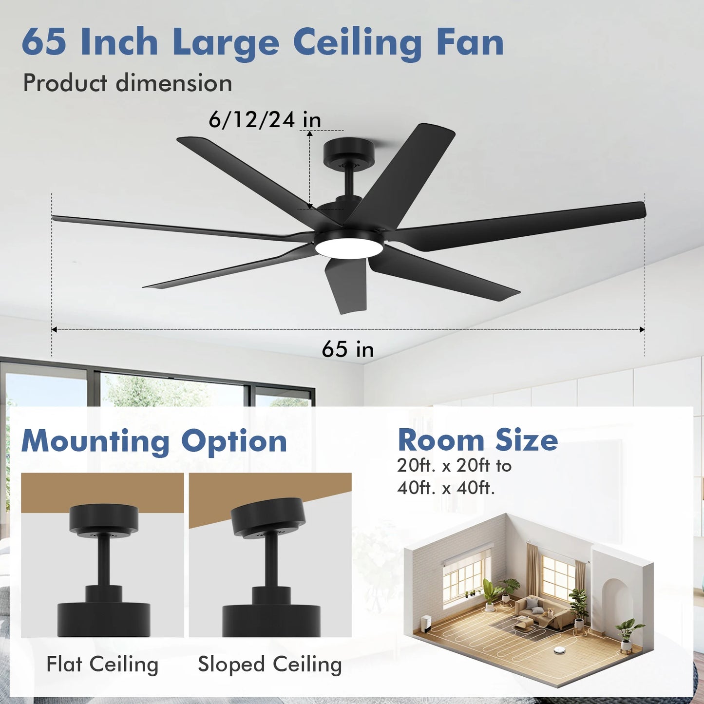 65inch Smart Ceiling Fan with Light and Remote/APP/Voice Outdoor Quiet Reversible DC Motor Fan 3CCT for Over 15*15ft to 18*18ft