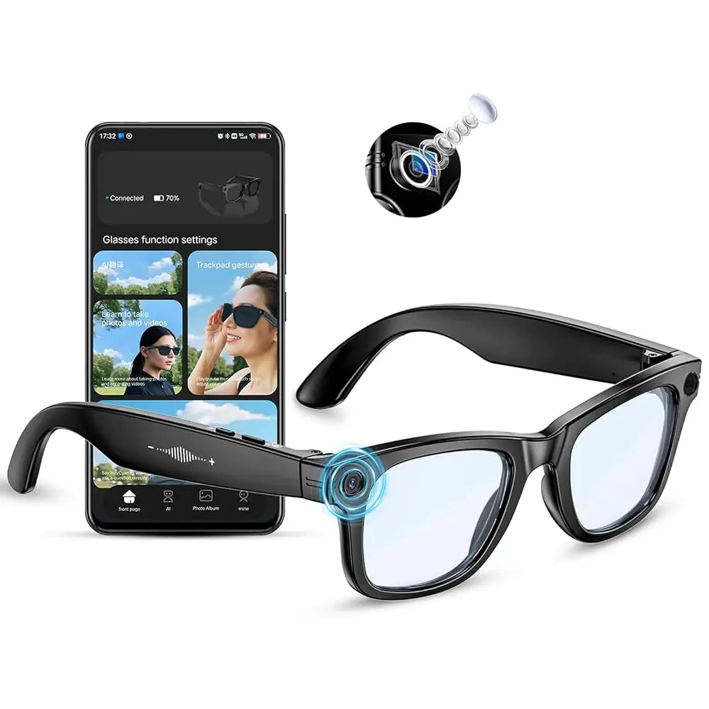 Ailexpress-Free Shipping-AI Smart Glasses 4K HD Camera, BT Call, 800W Anti-Shake Camera Glasses with Video Recording Dual Mic, S