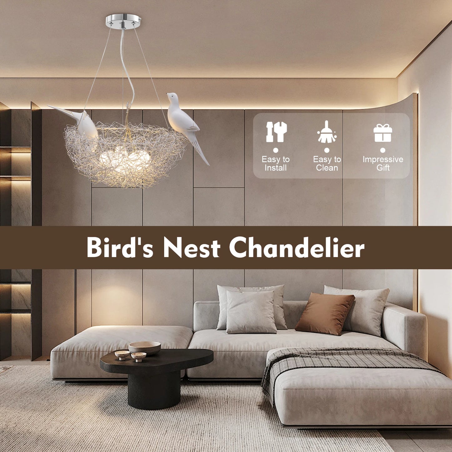 Modern Bird Nest Chandelier LED Ceiling Light 25W 4000K Aluminum Silver for Living Room Dining Room Bedroom Lighting
