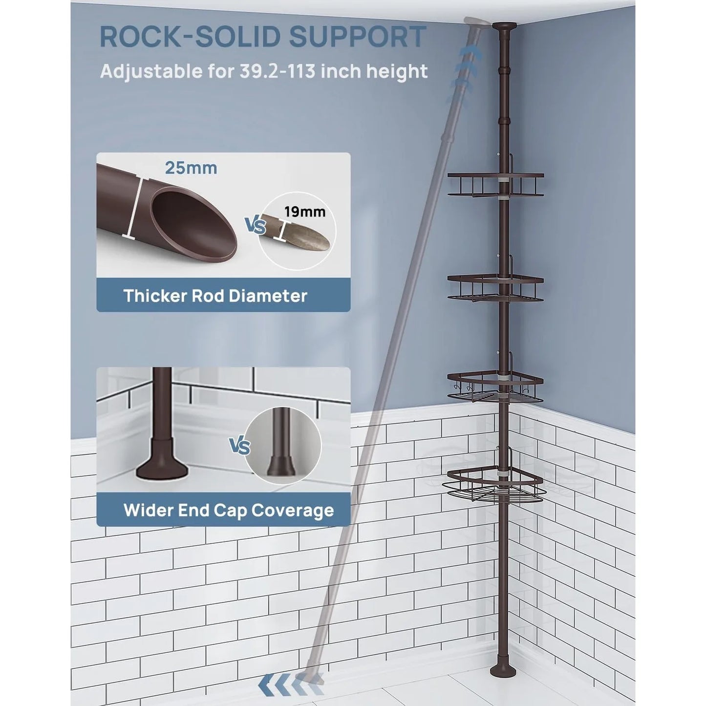 Rustproof Shower Corner Caddy Organizer for Bathroom,Tension Pole with 4 Baskets, for Bathtub Storage Rack,39.2 to 113 Inch