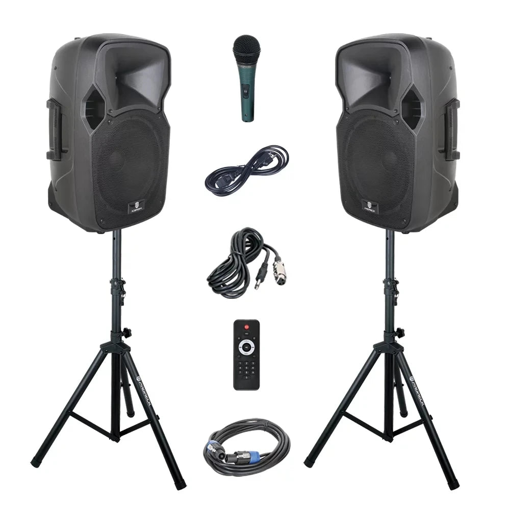PRORECK PARTY 12 Portable 12-Inch Woofer 2-Way Powered PA Speaker System Combo Set with Bluetooth/USB/SD Card Reader/FM Radio/Re