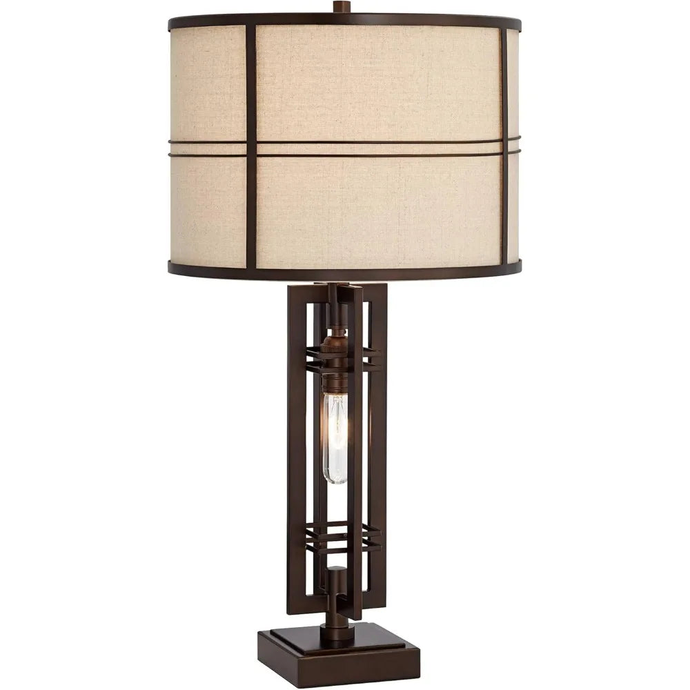 Elias Industrial Rustic Table Lamp with Port Nightlight 28" Tall Oil-Rubbed Bronze Metal Oatmeal Fabric Drum Shade Living Room