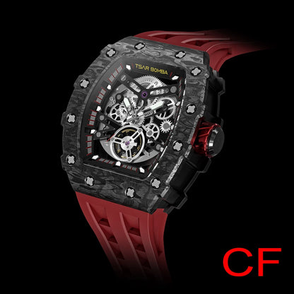 TSAR BOMBA 2022 Luxury Mens Automatic Watch Waterproof Carbon Fiber Clock Tonneau Skeleton Mechanical Wrist Watch for Men
