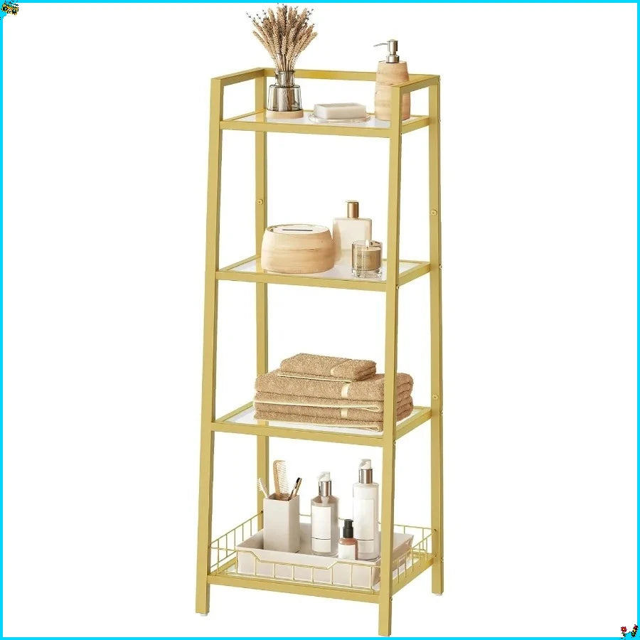 Floor Standing Gold Glass Shelf 4-Tier - Waterproof Rack for Bathroom & Decor Organization