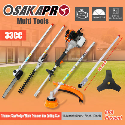 10 in 1 Multi-Functional Trimming Tool, 33CC 2-Cycle Garden Tool System with Gas Pole Saw, Hedge Trimmer, Grass Trimmer, and Bru