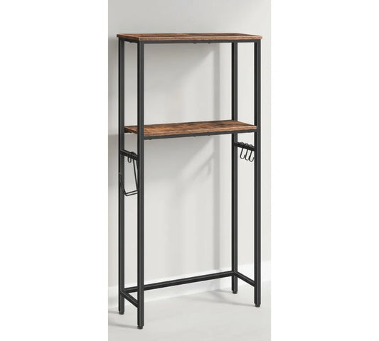 2-Tier Over Toilet Storage Shelf with Paper Holder & Hooks, Rustic Brown Bathroom Organizer Space Saver for Small Rooms