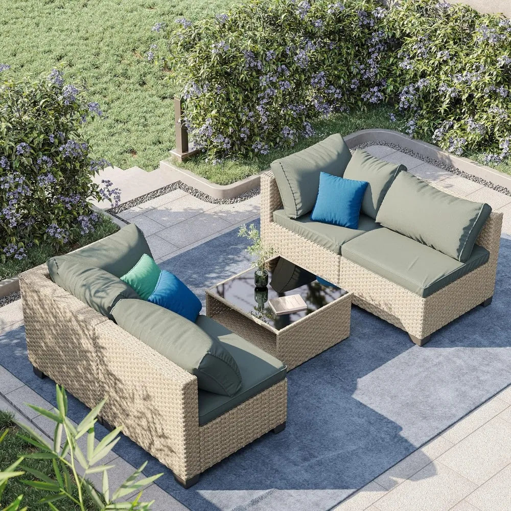 5-Piece Patio Furniture Set – All-Weather Outdoor Sectional Sofa w/Water-Resistant Grey Cushions – Conversation Set