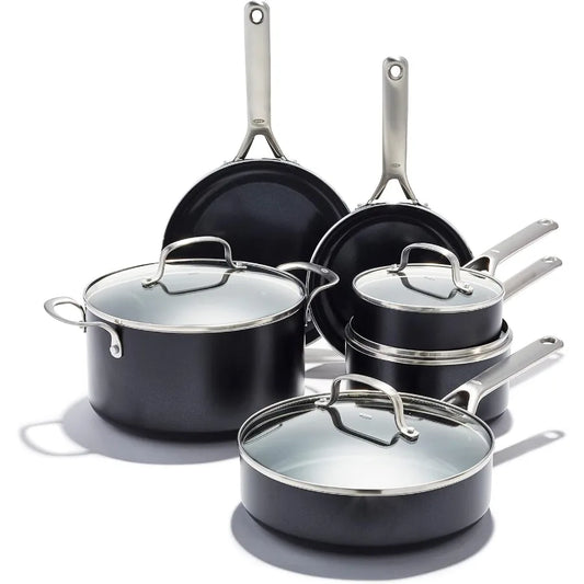 Agility Series 10 Piece Cookware Pots and Pans Set Ceramic Nonstick PFASFree Induction Skillets Saucepans Lids Even Heating Sta