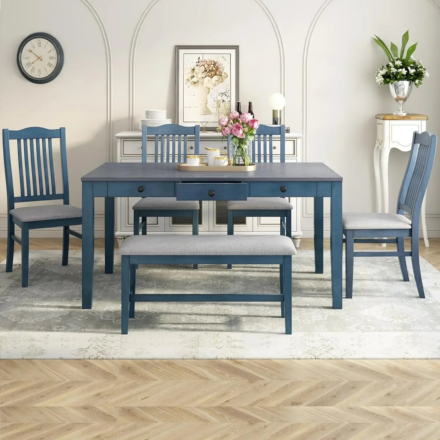 Dining Table Set for 6 with Chairs Blue, 6 Piece Kitchen Table and Bench Set with Storage Drawers, Farmhouse Table with Bench
