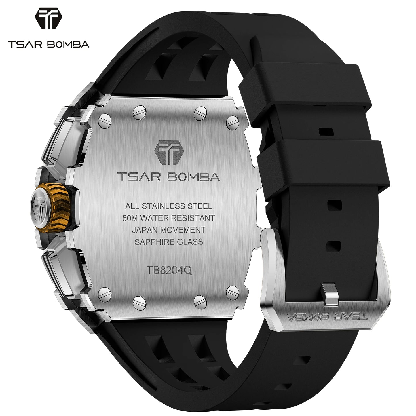 TSAR BOMBA Luxury Tonneau Quartz Watch for Men Japanese Movement, Stainless Steel Case,  Elegant Dress Wristwatch