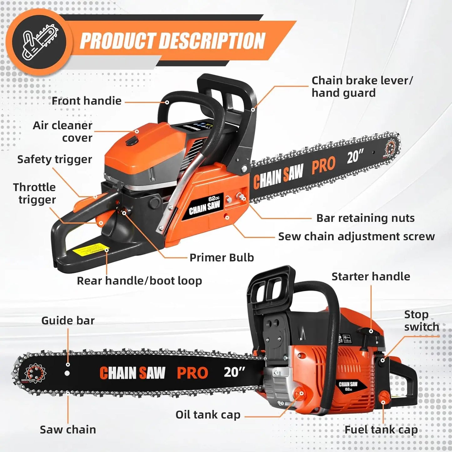Professional 20/24 Inch Gas Chainsaw with 2-Stroke Engine, Ergonomic Handle & Dual Tanks for Wood Cutting