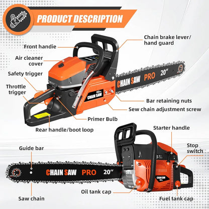 Professional 20/24 Inch Gas Chainsaw with 2-Stroke Engine, Ergonomic Handle & Dual Tanks for Wood Cutting