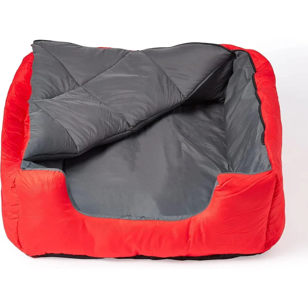 "large red travel pet sleeping bag with zippered cover for outdoor adventures"