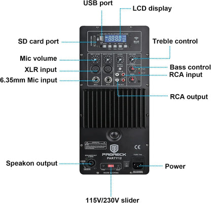 PRORECK PARTY 12 Portable 12-Inch Woofer 2-Way Powered PA Speaker System Combo Set with Bluetooth/USB/SD Card Reader/FM Radio/Re