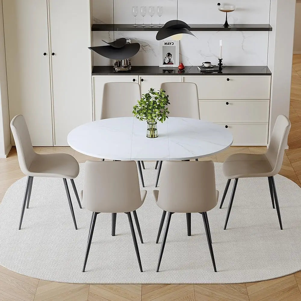 42"-54" Extendable Dining Room Table Set for 6, Round Dining Table Set for 6, White Kitchen Table with Upholstered Chairs