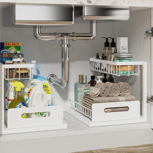 Pull Out Sink Organizer 2-Tier, Under Cabinet Slide Out Shelves - For Kitchen & Bathroom Storage