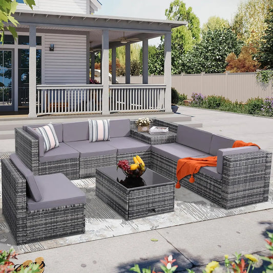 8 Piece Outdoor Wicker Patio Furniture Sectional Set, Glass Top Table with Hidden Storage, Grey Rattan with Light Grey Cushions